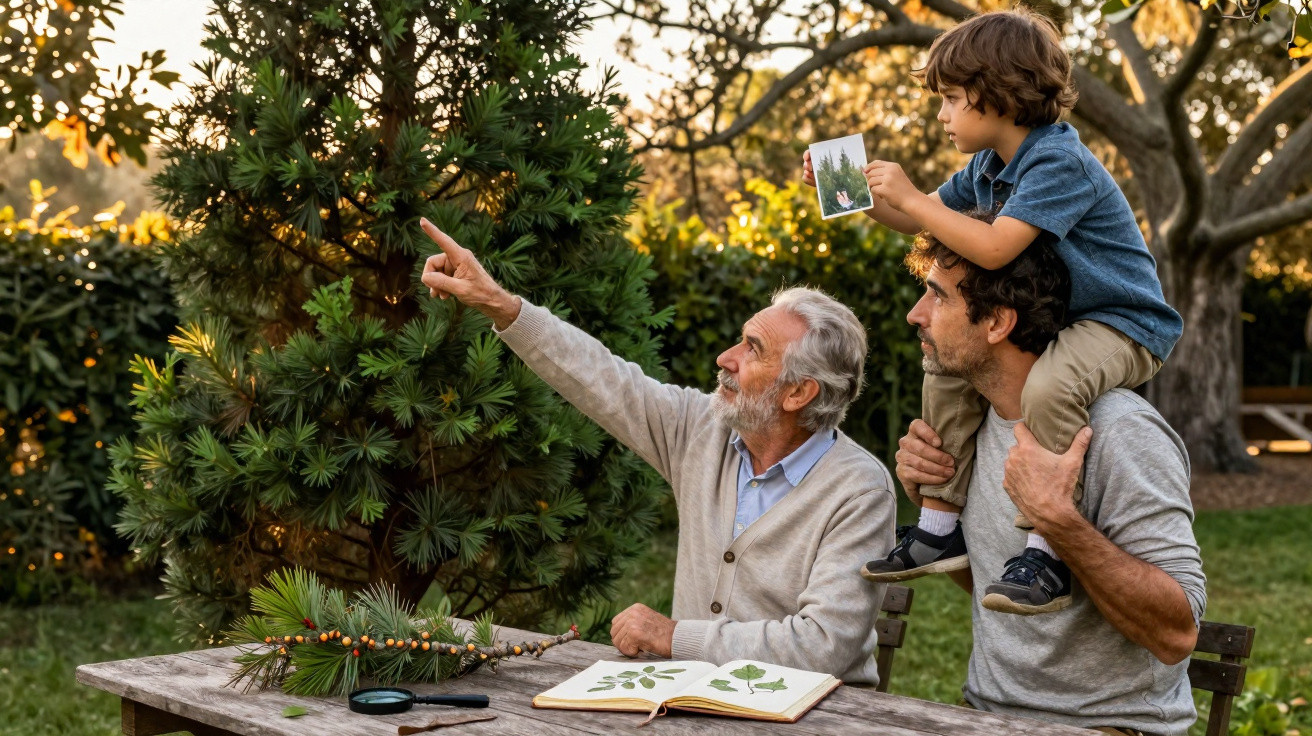 Homem idoso, adulto e criança observam árvore enquanto estudam plantas em mesa ao ar livre.