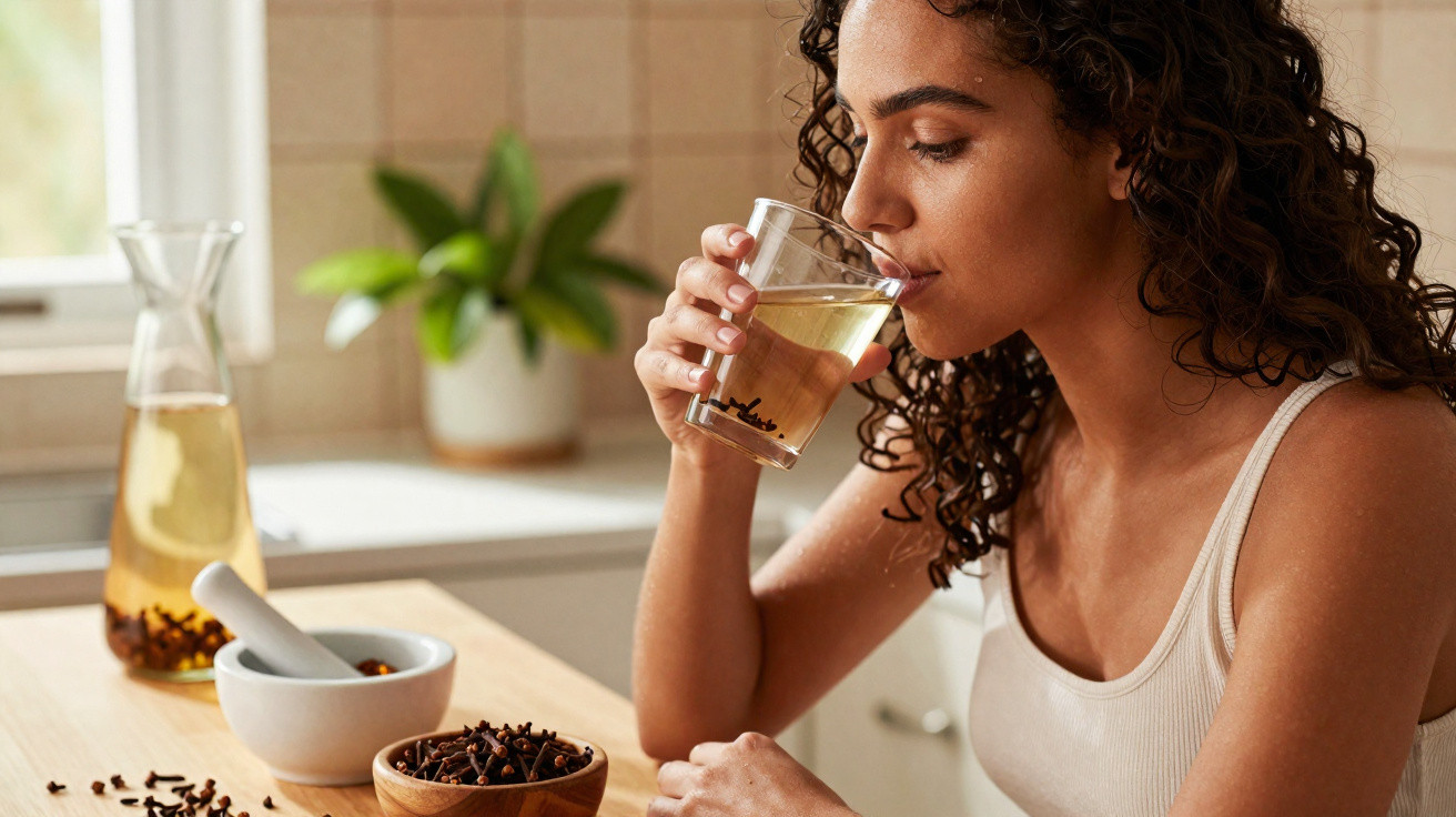 Mulher bebendo chá com cravos em copo, com recipiente e tigela de cravos em mesa na cozinha.