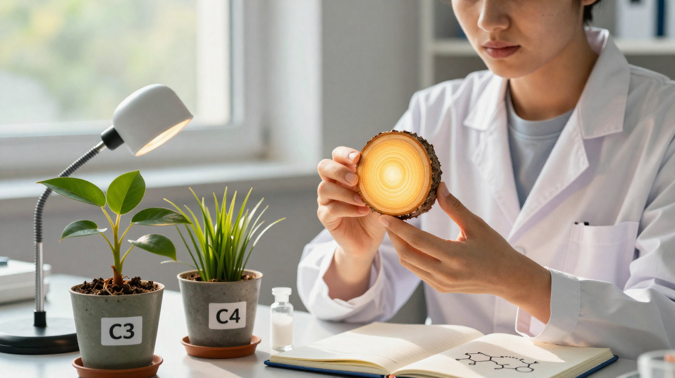 Cientista analisando um pedaço de tronco em laboratório com plantas e caderno à mesa.