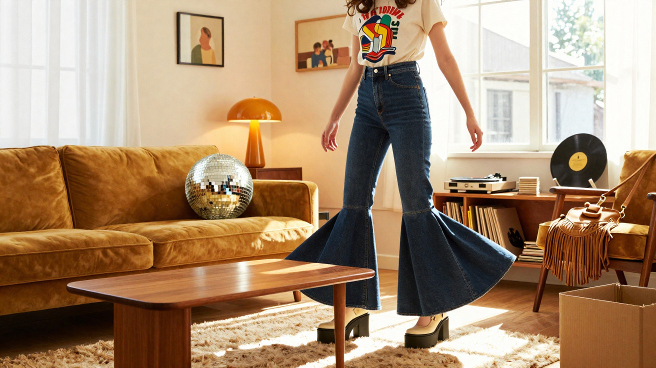 Pessoa em jeans flare e camiseta branca em sala com sofá marrom, disco de vinil e decoração vintage.