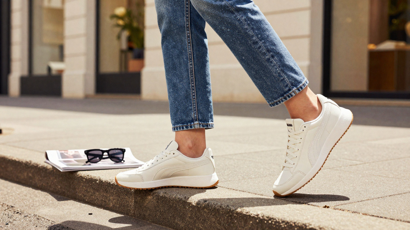 Pessoa usando tênis branco e jeans caminhando na calçada, com óculos e revista ao lado.