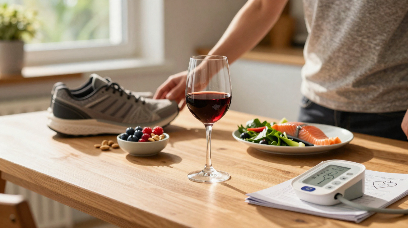 Mesa com taça de vinho, tênis, frutas, prato com salmão e aparelho de pressão arterial, com pessoa ao fundo.