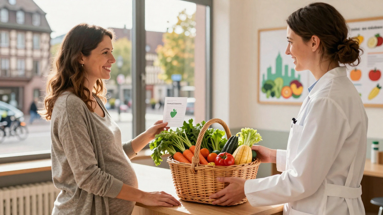 Mulher grávida consulta nutricionista que entrega cesta com legumes frescos em clínica iluminada.