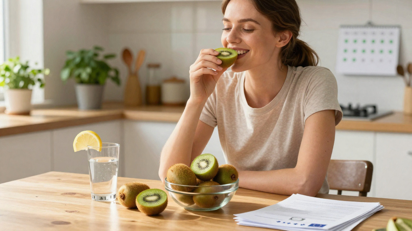 Mulher sorrindo enquanto come kiwi em cozinha, com copo de água com limão e documentos na mesa.