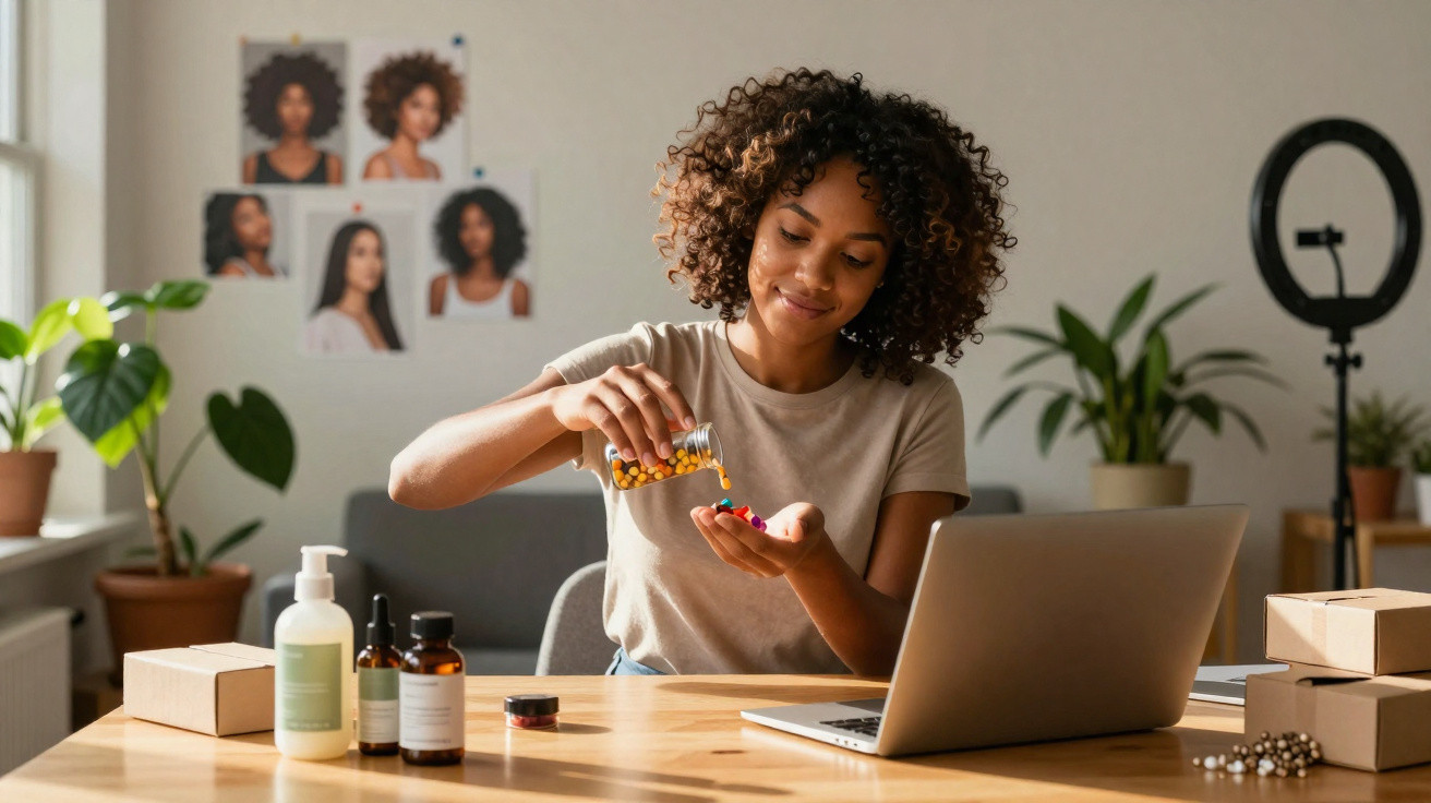 Mulher negra sorrindo, sentada à mesa com laptop, despejando cápsulas coloridas na mão em ambiente iluminado.