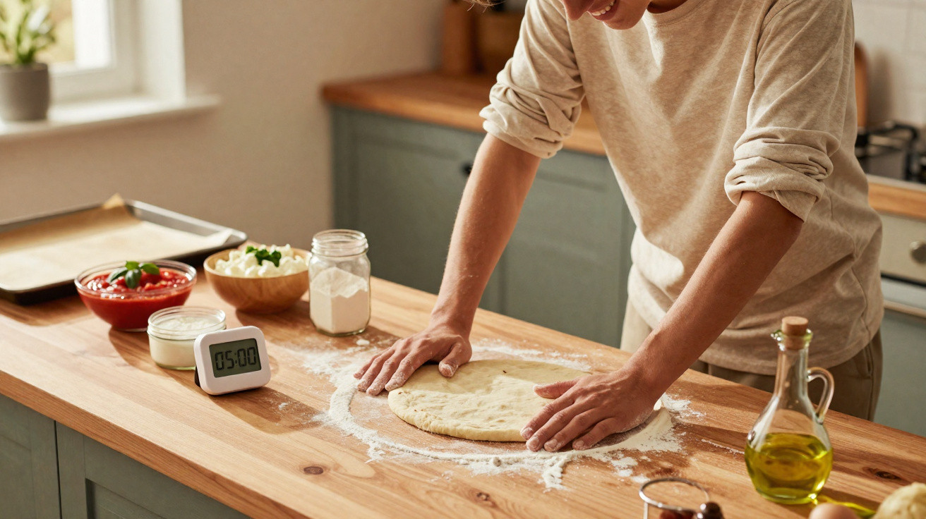 Pessoa preparando massa de pizza sobre bancada de madeira com ingredientes e temporizador ao lado.