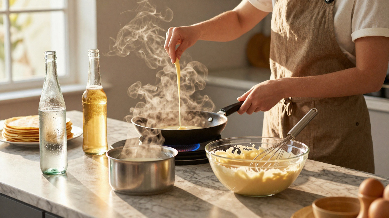 Pessoa cozinhando massa na frigideira com vapor, ao lado de um bowl com massa e panelas na bancada da cozinha.