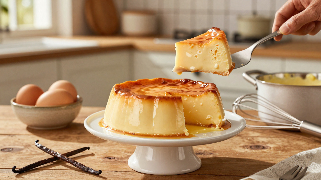 Pudim cremoso com cobertura caramelizada em prato branco, com ovo, fava de baunilha e batedor ao fundo.