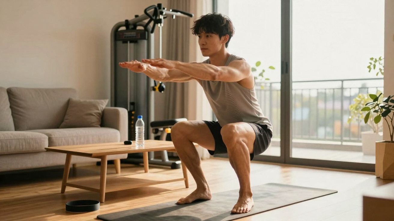 Homem fazendo agachamento em tapete de yoga na sala de estar com sofá, mesa de centro e máquina de exercícios.