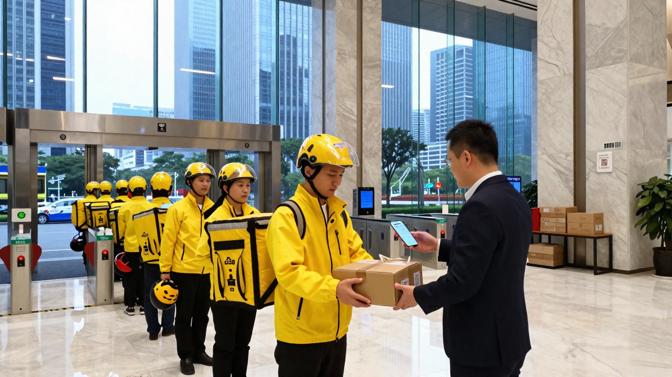 Fila de entregadores de app de delivery em uniforme amarelo entregando encomenda em prédio comercial.