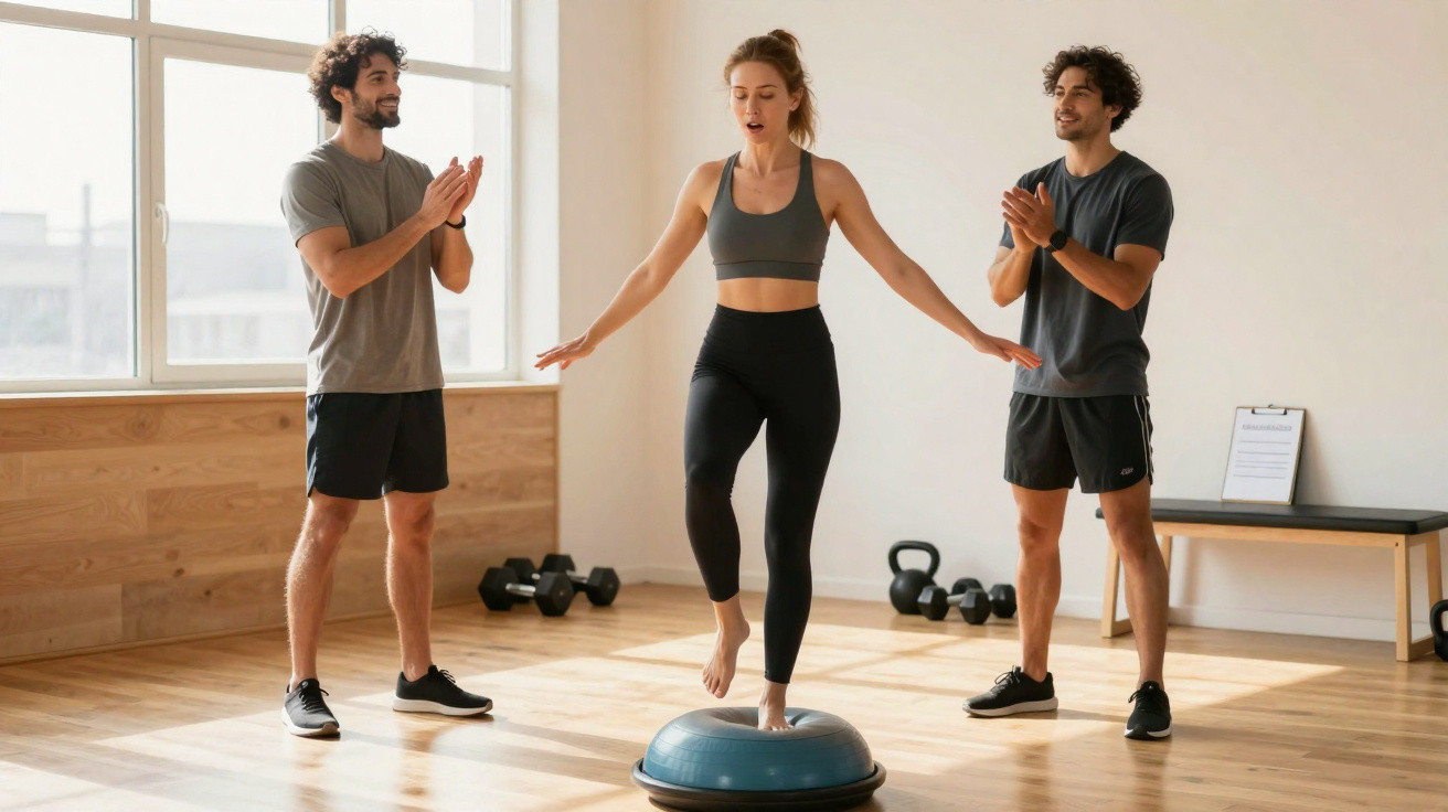 Mulher em roupa esportiva equilibrando-se em bola de equilíbrio, com dois homens aplaudindo em academia.