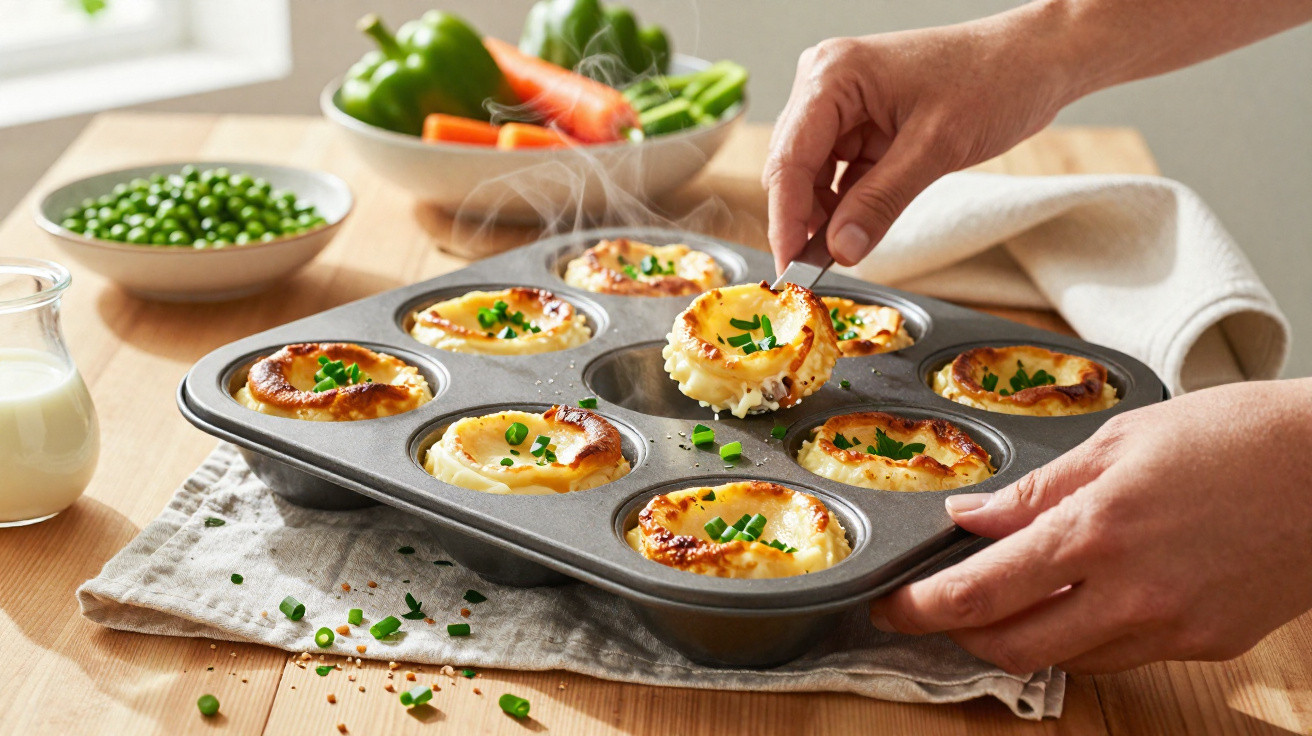 Mãos retirando mini tortinhas quentes com cebolinha em forma de muffin, legumes frescos ao fundo.