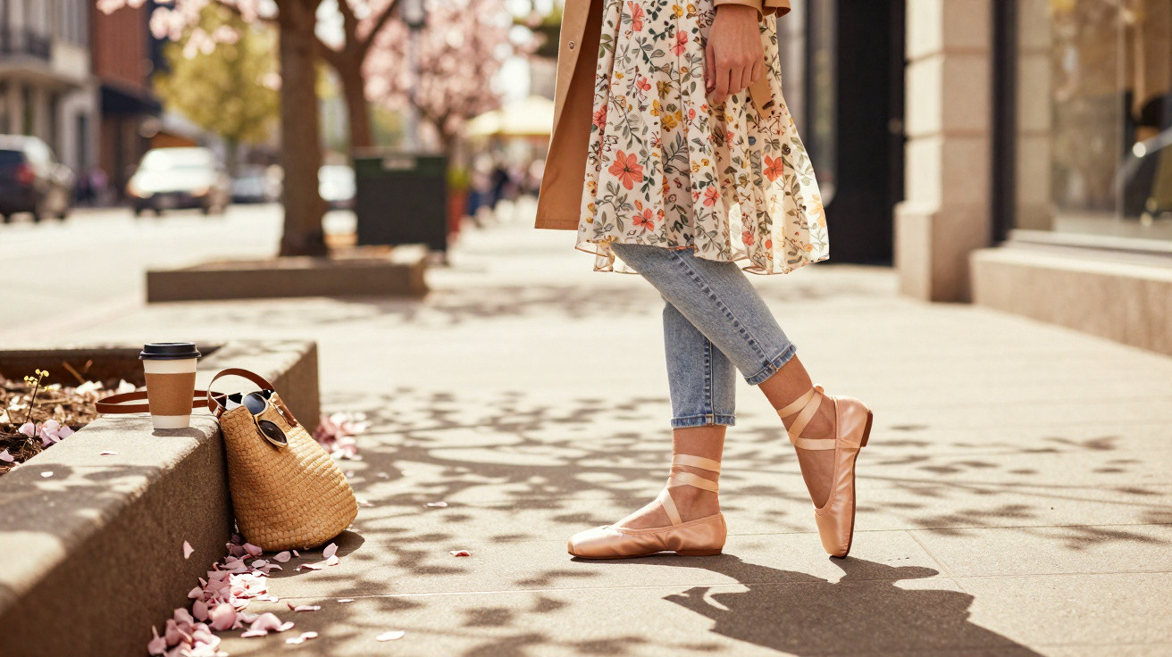 Pessoa usando sapatilhas de balé, vestido floral e jeans, ao ar livre em calçada iluminada pelo sol.