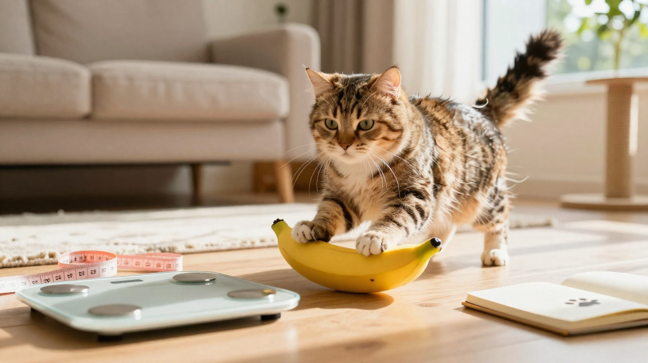 Gato segurando uma banana de brinquedo na pata dianteira em uma sala com balança e fita métrica.