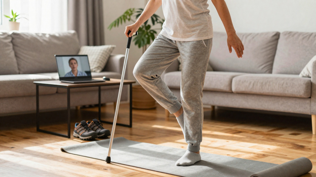 Pessoa em roupa esportiva faz exercício de equilíbrio com bengala em sala com laptop e sofá ao fundo.