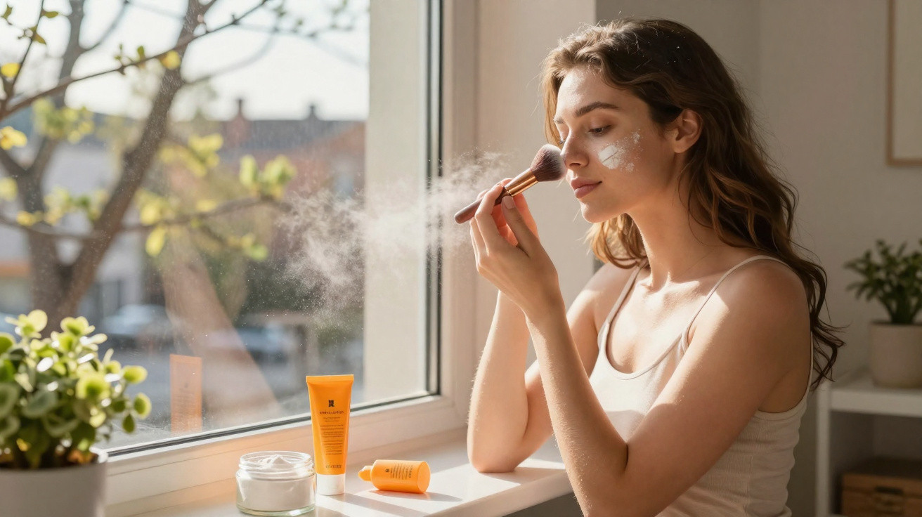 Mulher aplicando maquiagem com pincel perto da janela, com produtos de cuidados na mesa iluminada pelo sol.