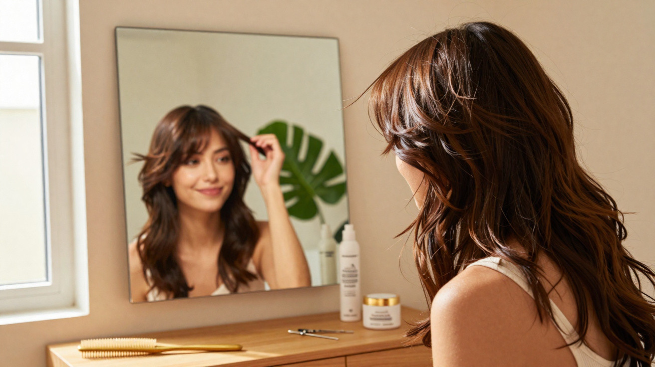 Mulher sorrindo arrumando cabelo na frente de espelho sobre cômoda com produtos e pente.