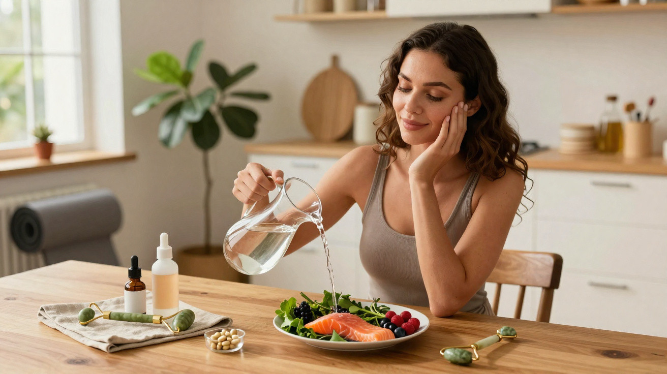 Mulher derramando água em prato com salmão, frutas e folhas verdes em mesa de cozinha iluminada.