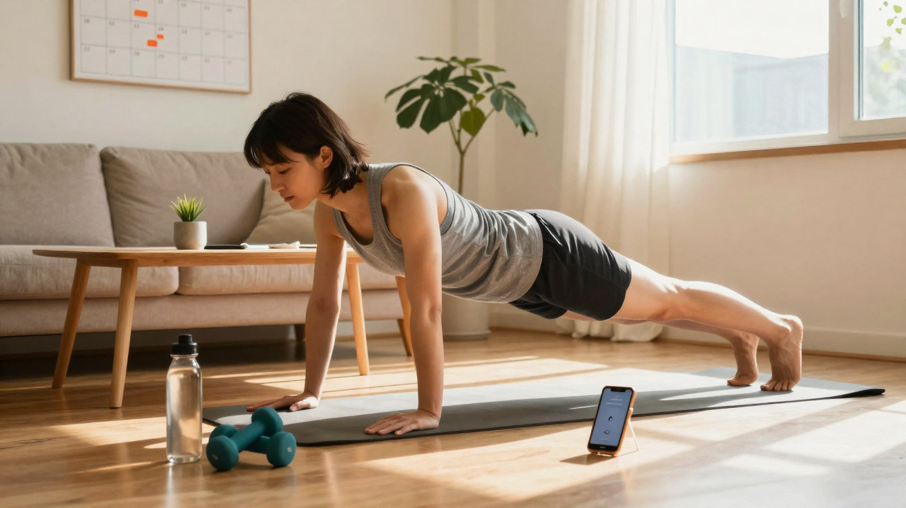 Mulher fazendo prancha em tapete de yoga na sala com halteres, garrafa de água e celular ao lado.