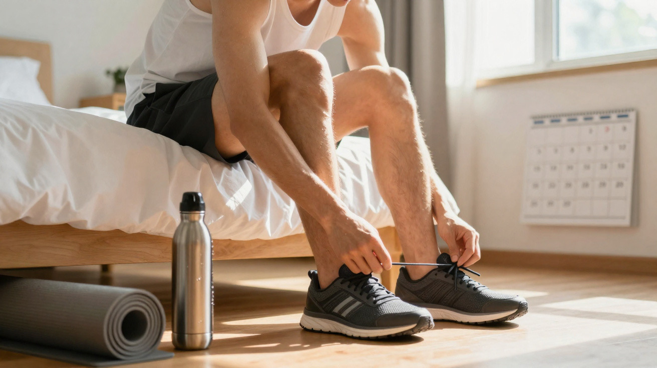 Homem amarrando tênis esportivo no quarto com garrafa de água e tapete de yoga no chão.