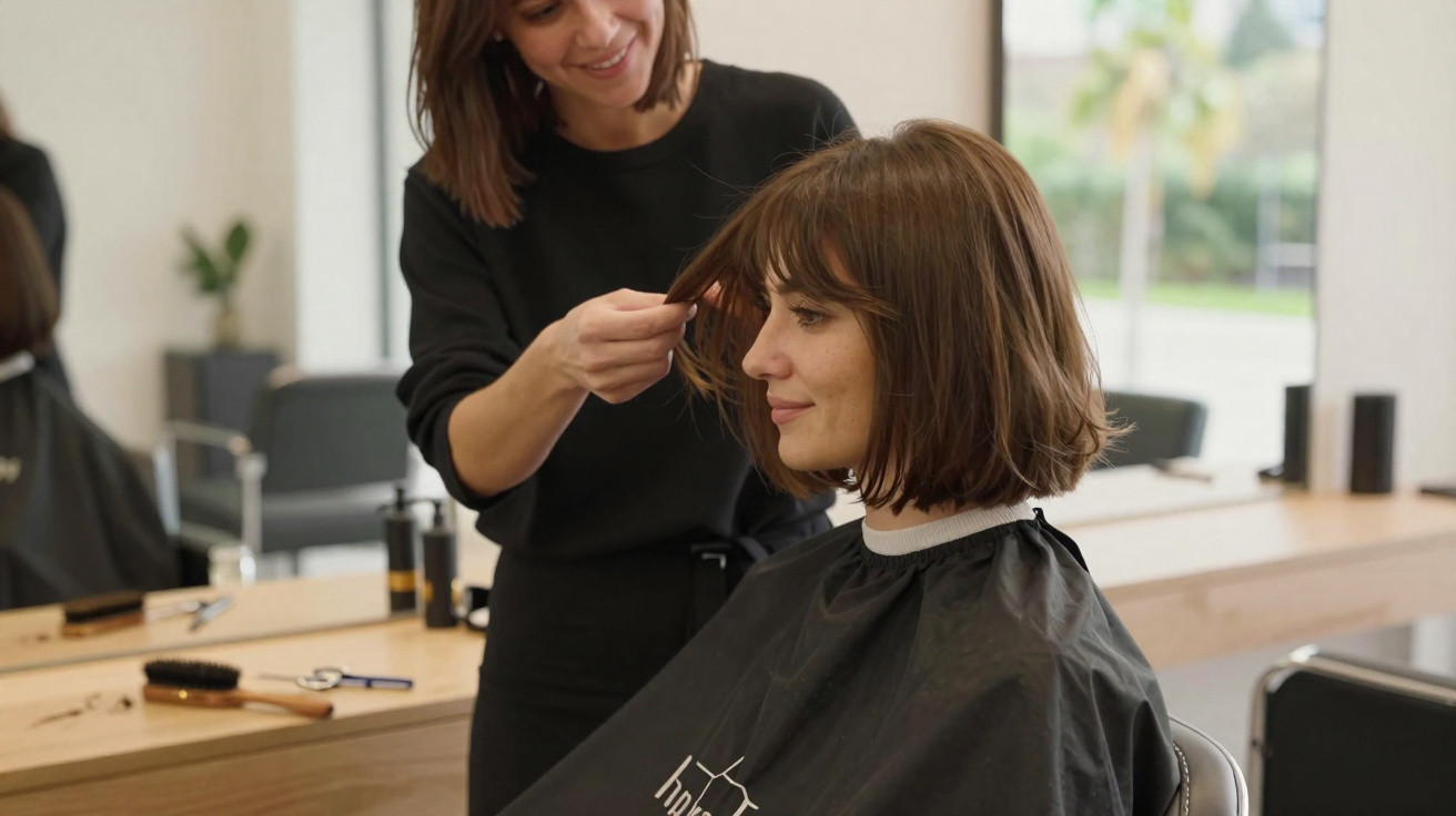 Cabeleireira arrumando cabelo de cliente sentada em cadeira de salão moderno com espelhos ao fundo.