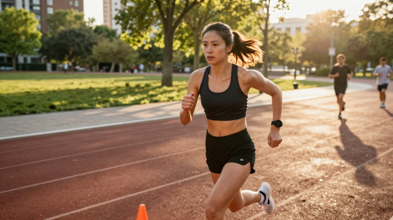Mulher correndo em pista de atletismo ao ar livre com roupas esportivas pretas ao entardecer.
