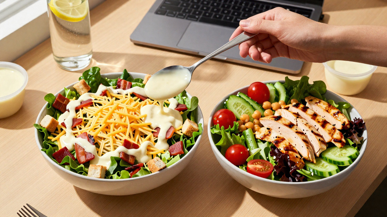 Duas tigelas de salada com legumes, frango grelhado, queijo, molho e laptop ao fundo sobre mesa de madeira.