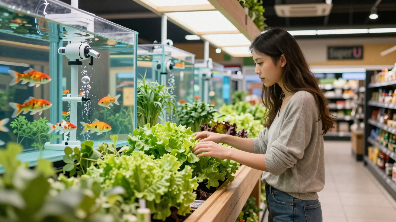 Mulher jovem escolhe alface em supermercado ao lado de aquário com peixes dourados e plantas verdes.