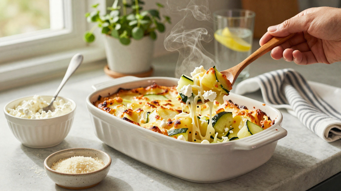 Mão pegando porção de macarrão gratinado com queijo e abobrinha em travessa branca com tigelas de ingredientes.