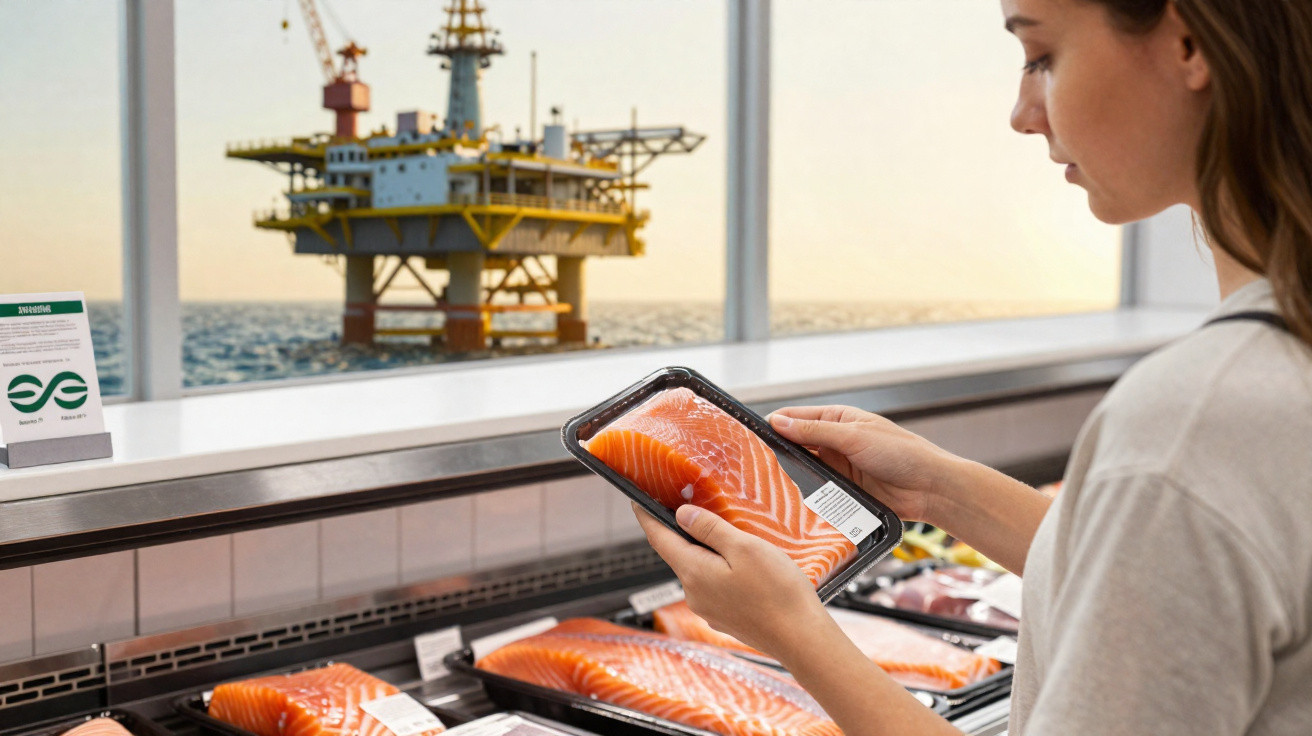 Mulher segurando embalagem de salmão em peixaria com plataforma petrolífera ao fundo no mar.
