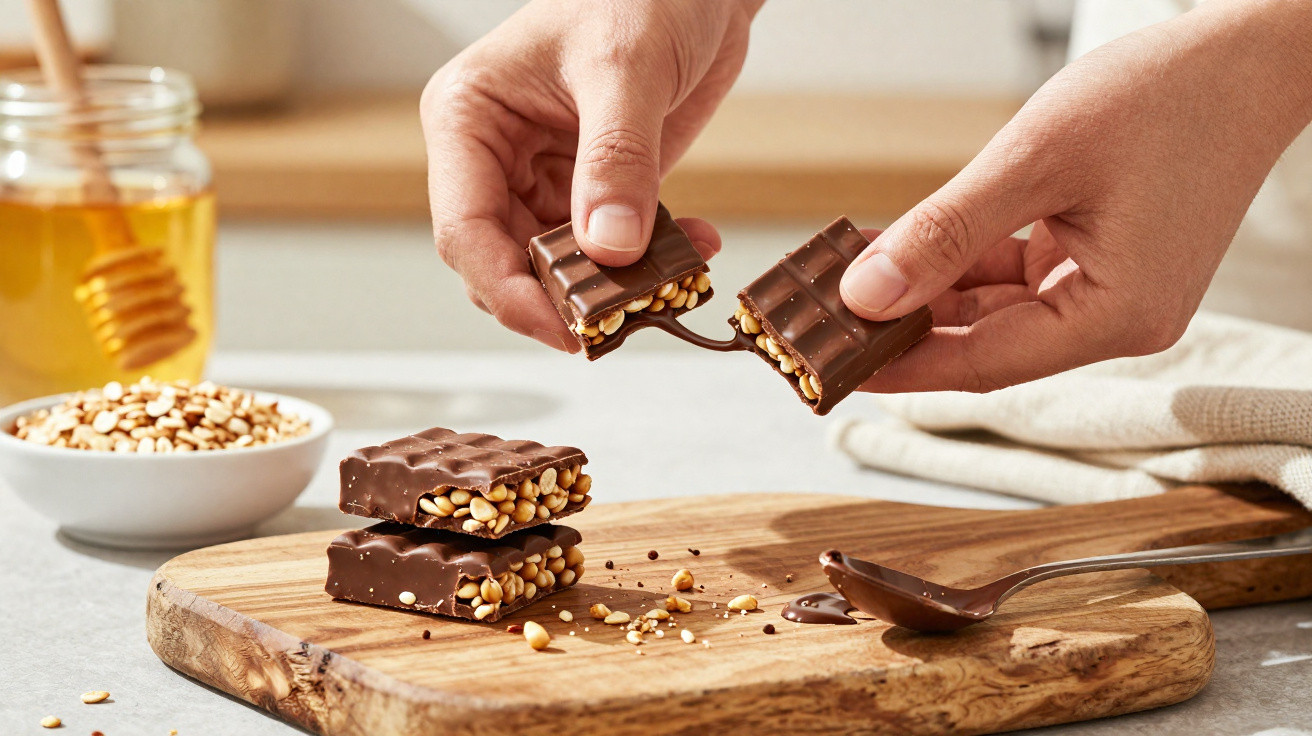Mãos partindo barra de chocolate com amendoim sobre tábua de madeira, mel e amendoim em tigela ao fundo.