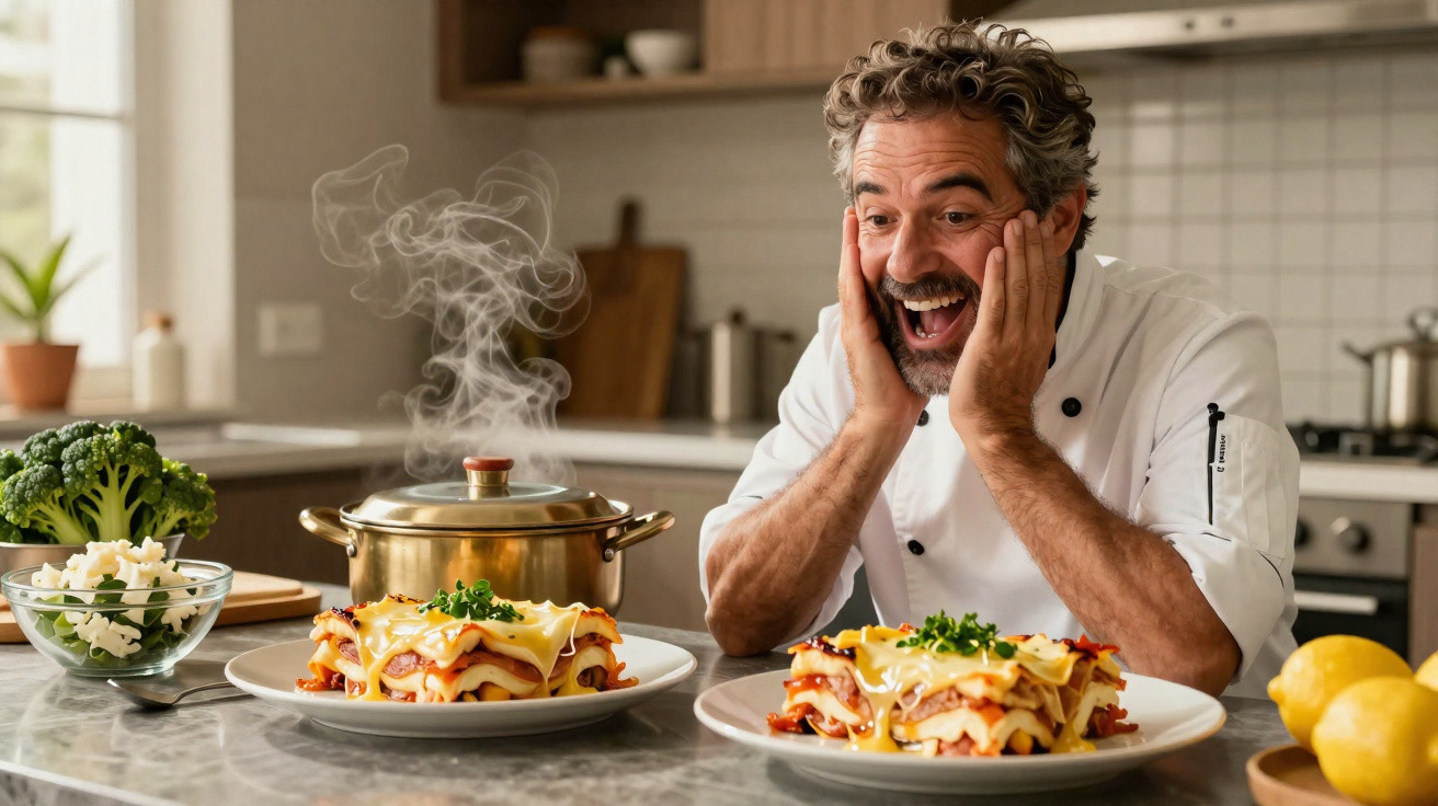 Chef sorridente observando prato de lasanha fumegante na cozinha com legumes e limões ao redor.