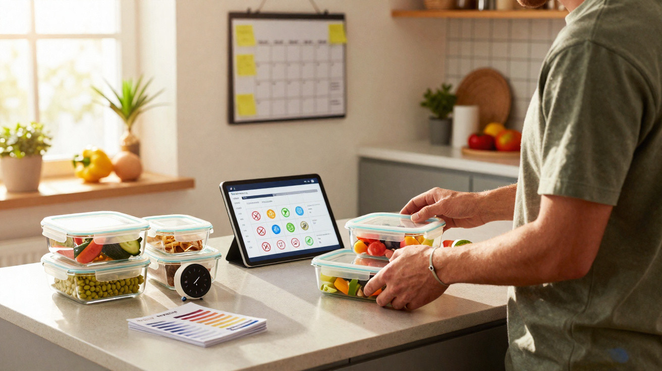 Pessoa organizando refeições em potes de vidro na cozinha com tablet exibindo aplicativo de dieta.