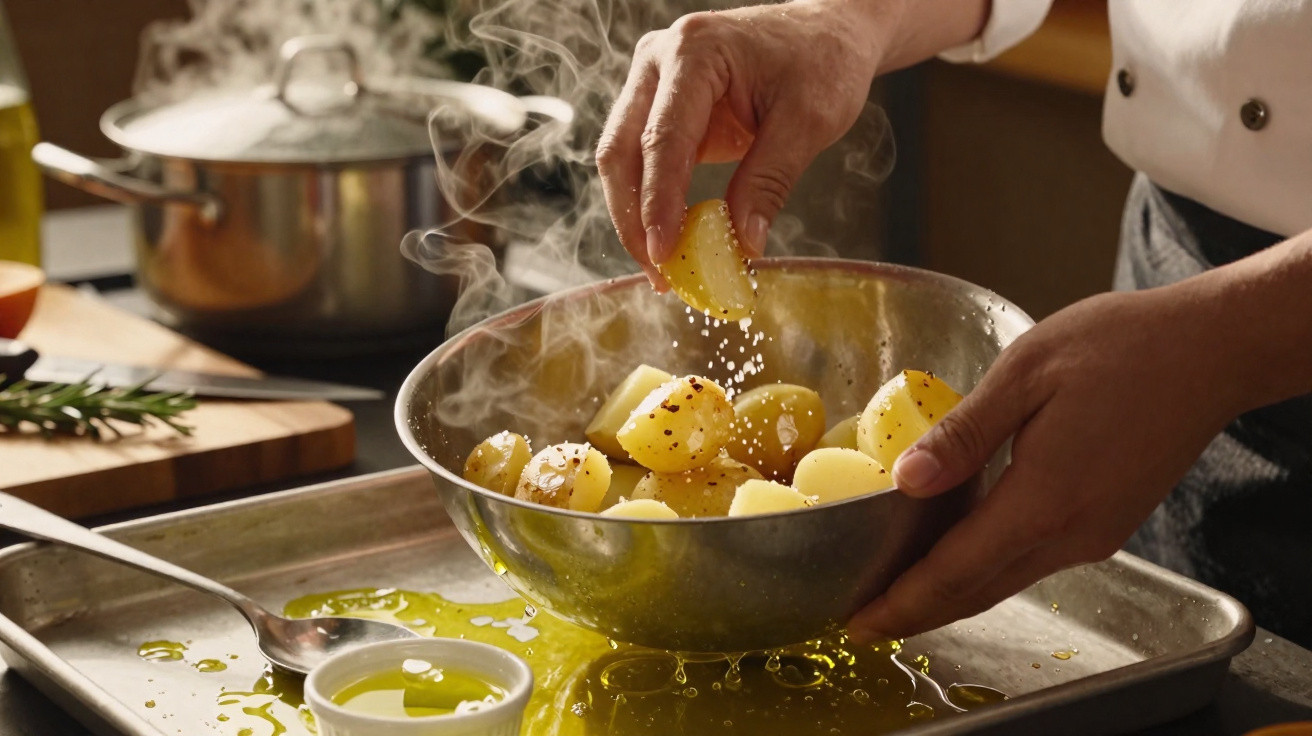Mãos temperando batatas cozidas com sal em tigela metálica sobre bandeja com azeite e ervas.