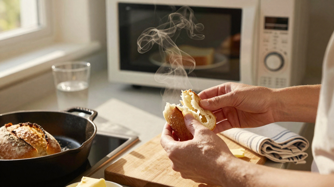 Pessoa segurando pão quente quebrado ao meio em cozinha com frigideira, micro-ondas e manteiga ao fundo.