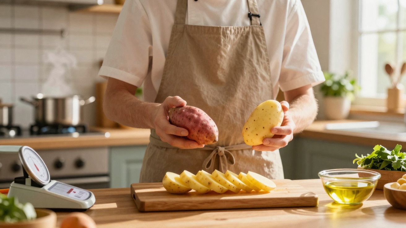 Pessoa em pé na cozinha segurando batata-doce e batata branca sobre bancada com batatas fatiadas.