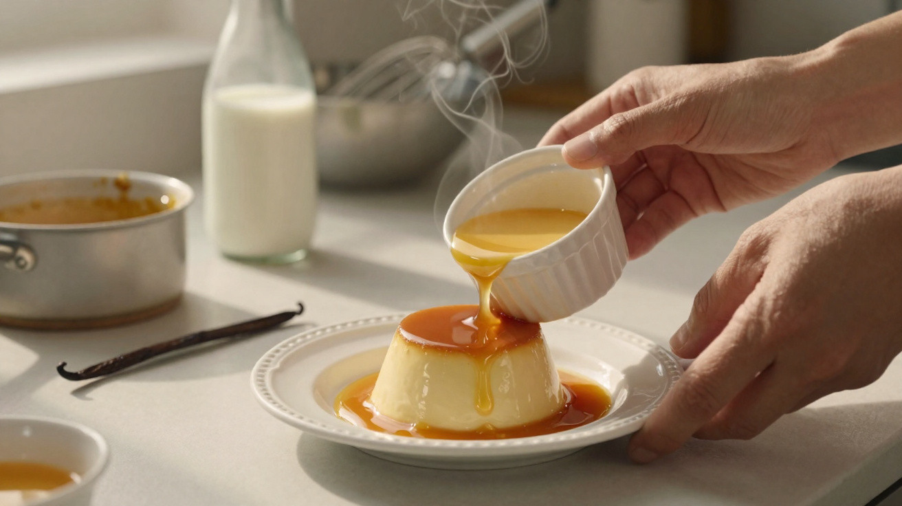 Mãos servindo pudim quente com calda de caramelo em prato branco, com baunilha e leite ao fundo.