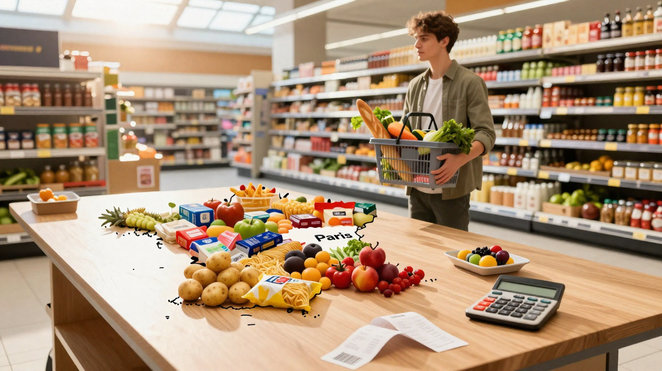 Homem com cesta de compras observa mesa com alimentos diversos organizados em formato do mapa da França no supermercado.