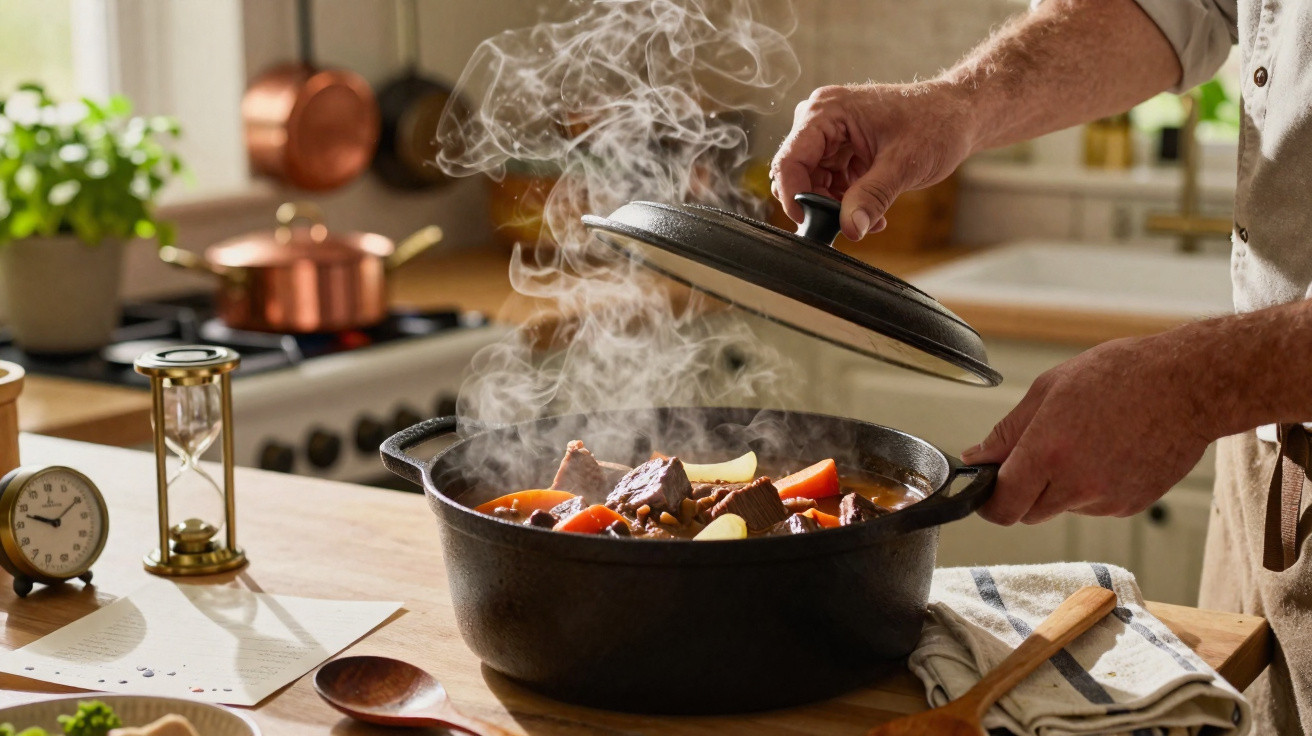 Pessoa abrindo panela de ferro com comida quente e vapor saindo em cozinha aconchegante.