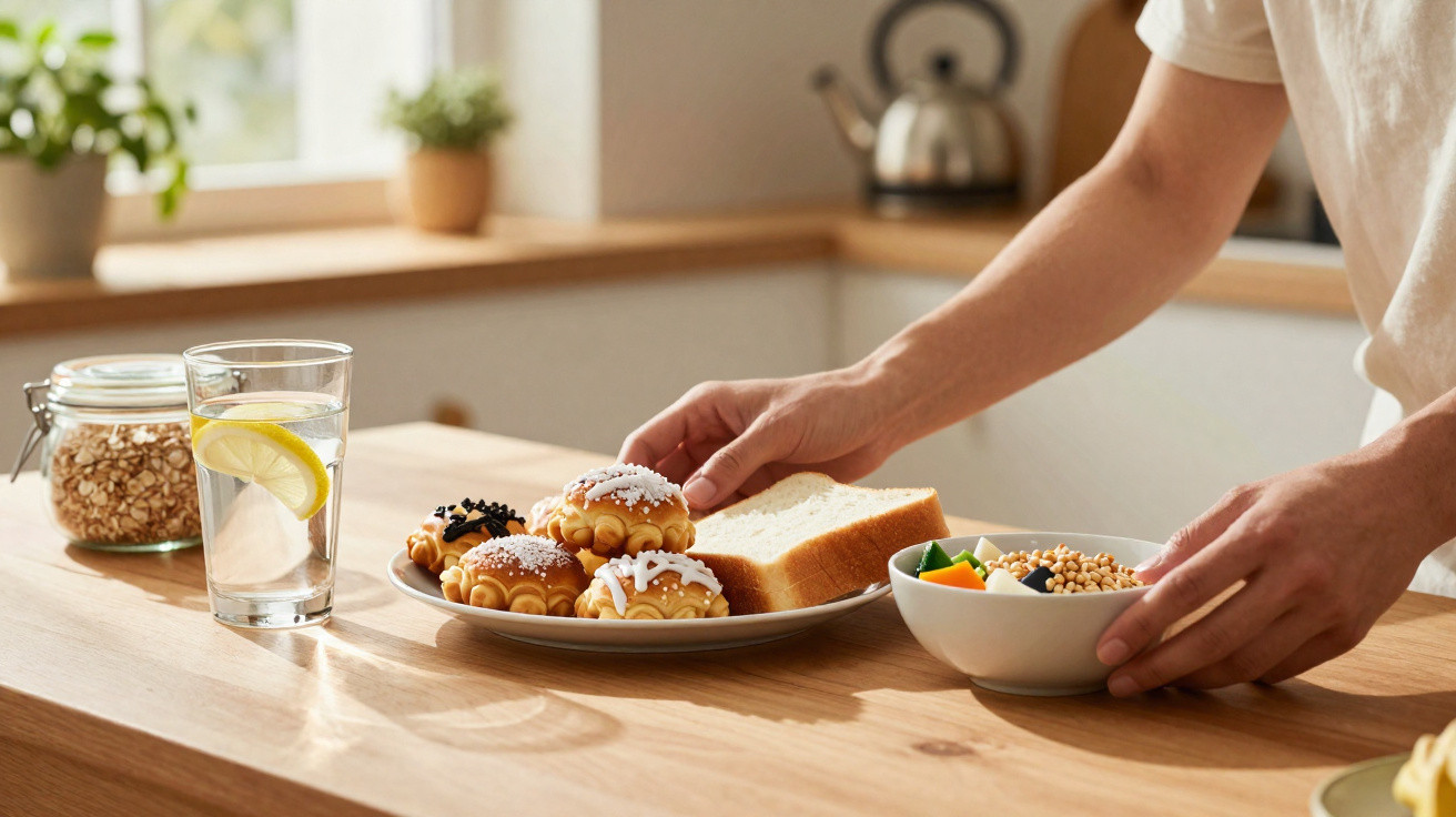 Pessoa organizando pratos com pães, frutas, vegetais e um copo de água com limão em uma mesa de madeira na cozinha.