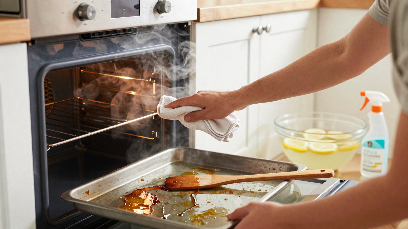 Pessoa abrindo forno quente para retirar forma com restos de comida e colher de pau em cozinha iluminada