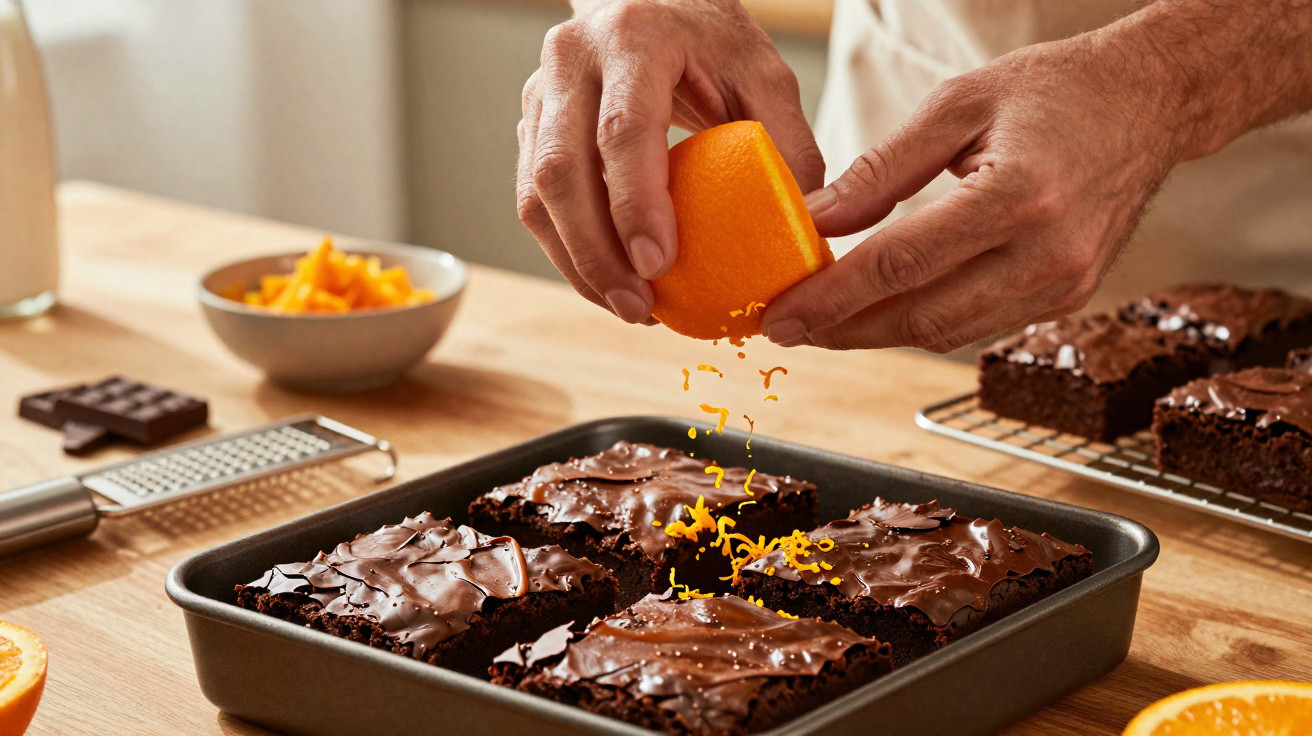 Pessoa rala casca de laranja sobre brownies de chocolate em forma retangular na cozinha.