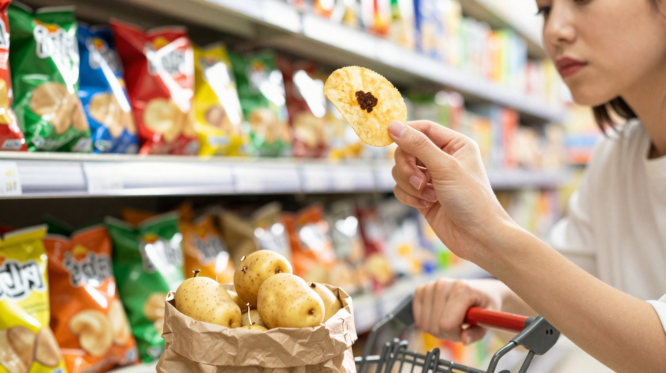 Mulher segurando uma batata com uma mancha preta no supermercado, analisando antes de comprar.