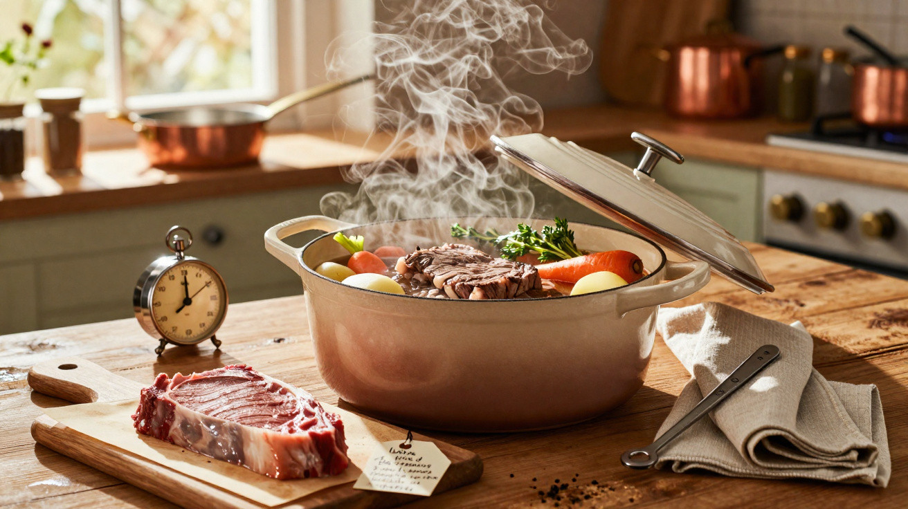 Panela de ferro com cozinheiro cozinhando carne, cenoura e batatas em uma cozinha rústica.
