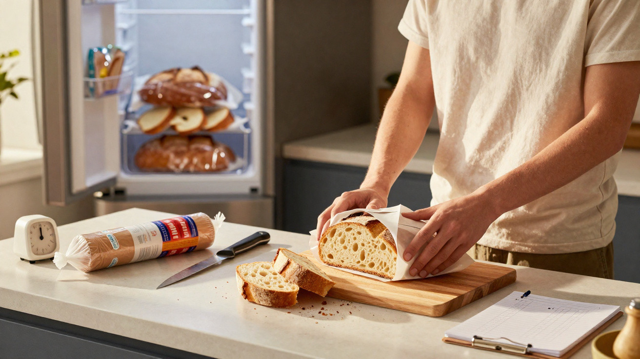 Pessoa desembrulhando pão fatiado sobre tábua de madeira em bancada de cozinha moderna.