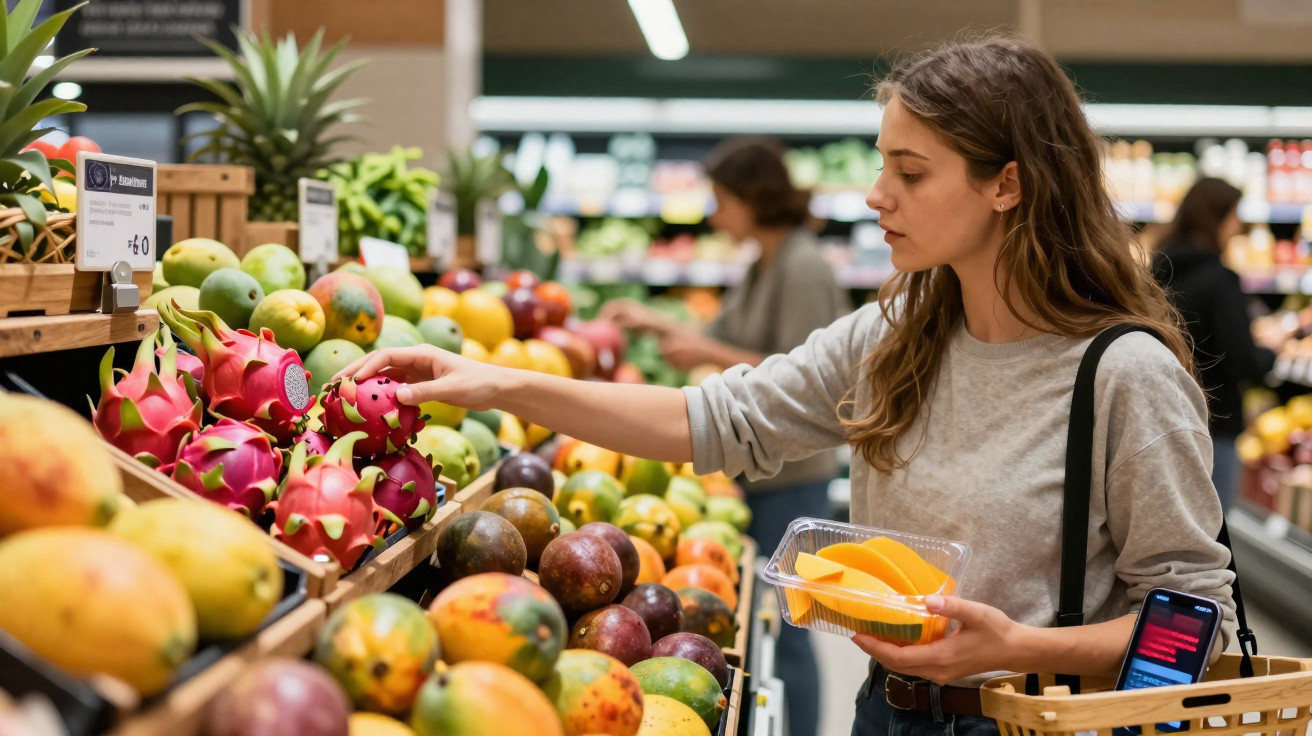 Mulher escolhendo frutas frescas na sessão de hortifrúti em supermercado bem iluminado.