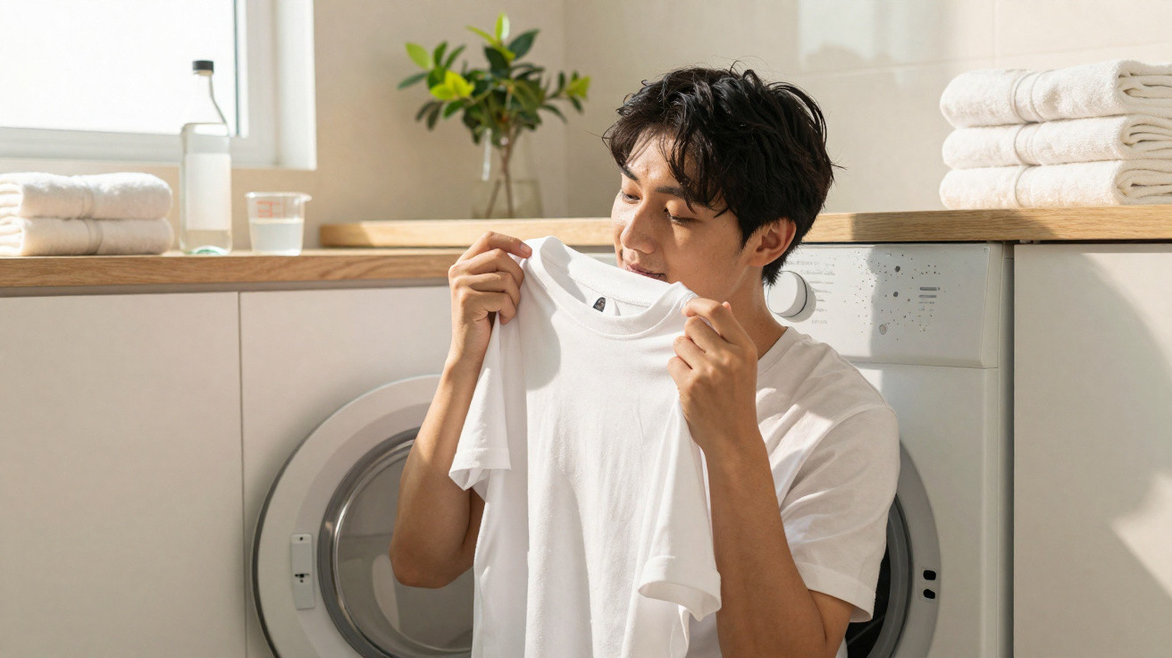 Homem cheirando camiseta branca limpa ao lado de máquina de lavar roupa aberta em lavanderia.