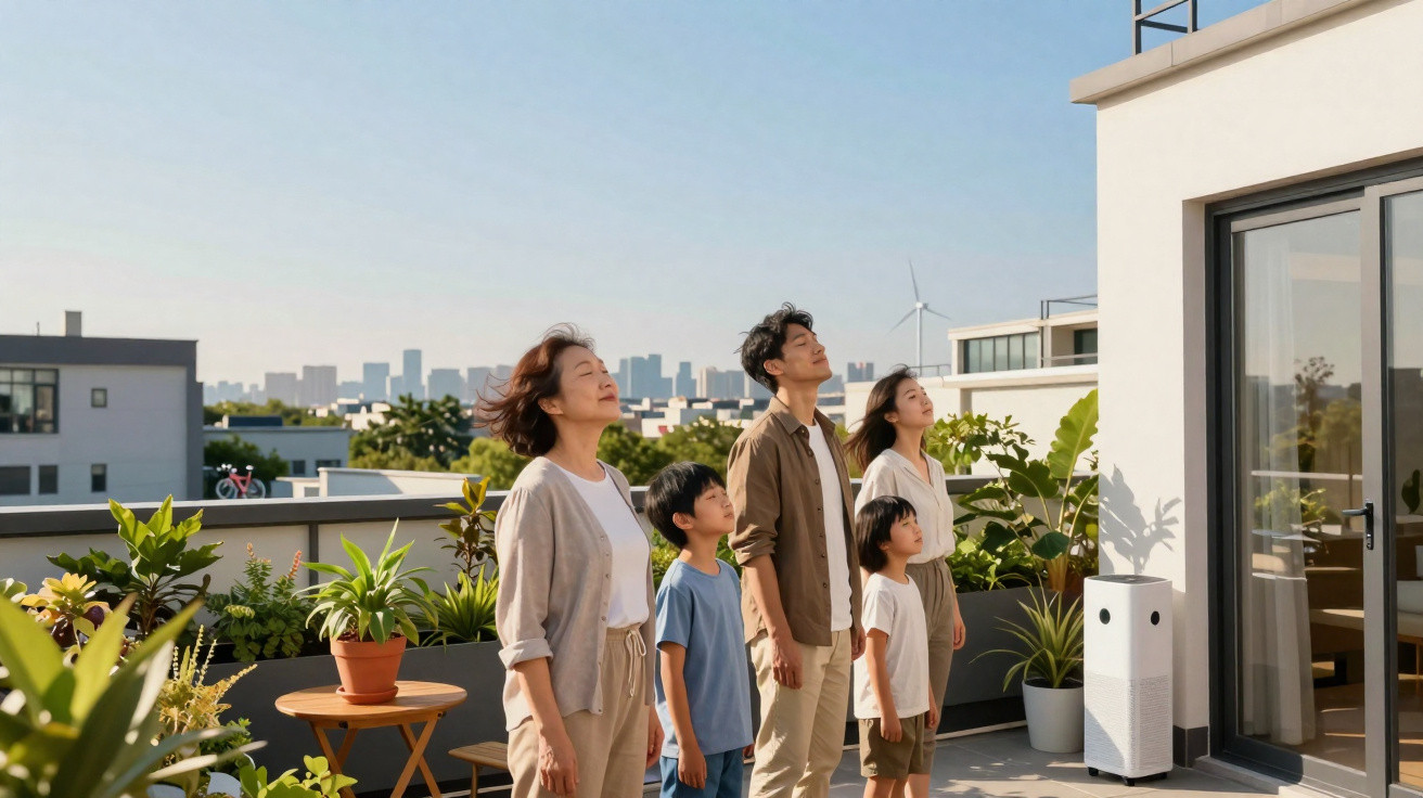 Família composta por dois adultos e duas crianças olhando para o céu no terraço de um prédio moderno.