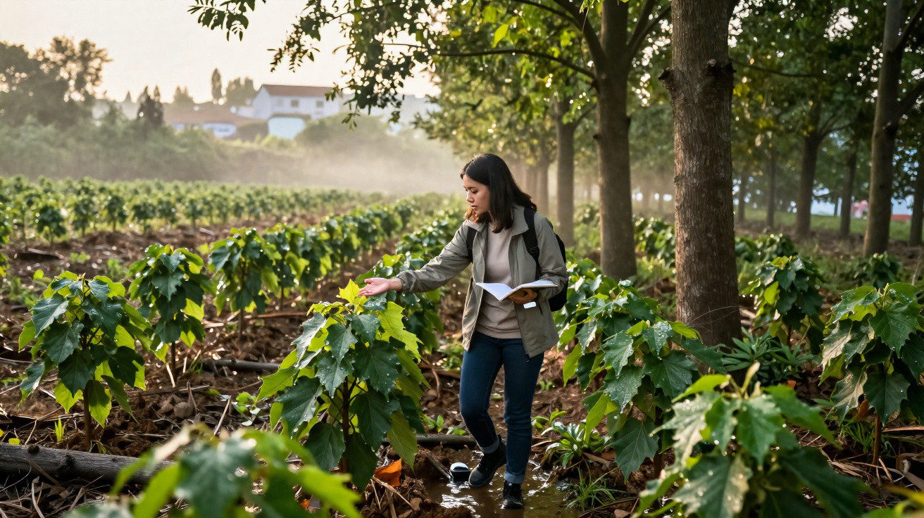 Mulher inspecionando plantas em viveiro com bloco de notas em ambiente rural ao amanhecer.