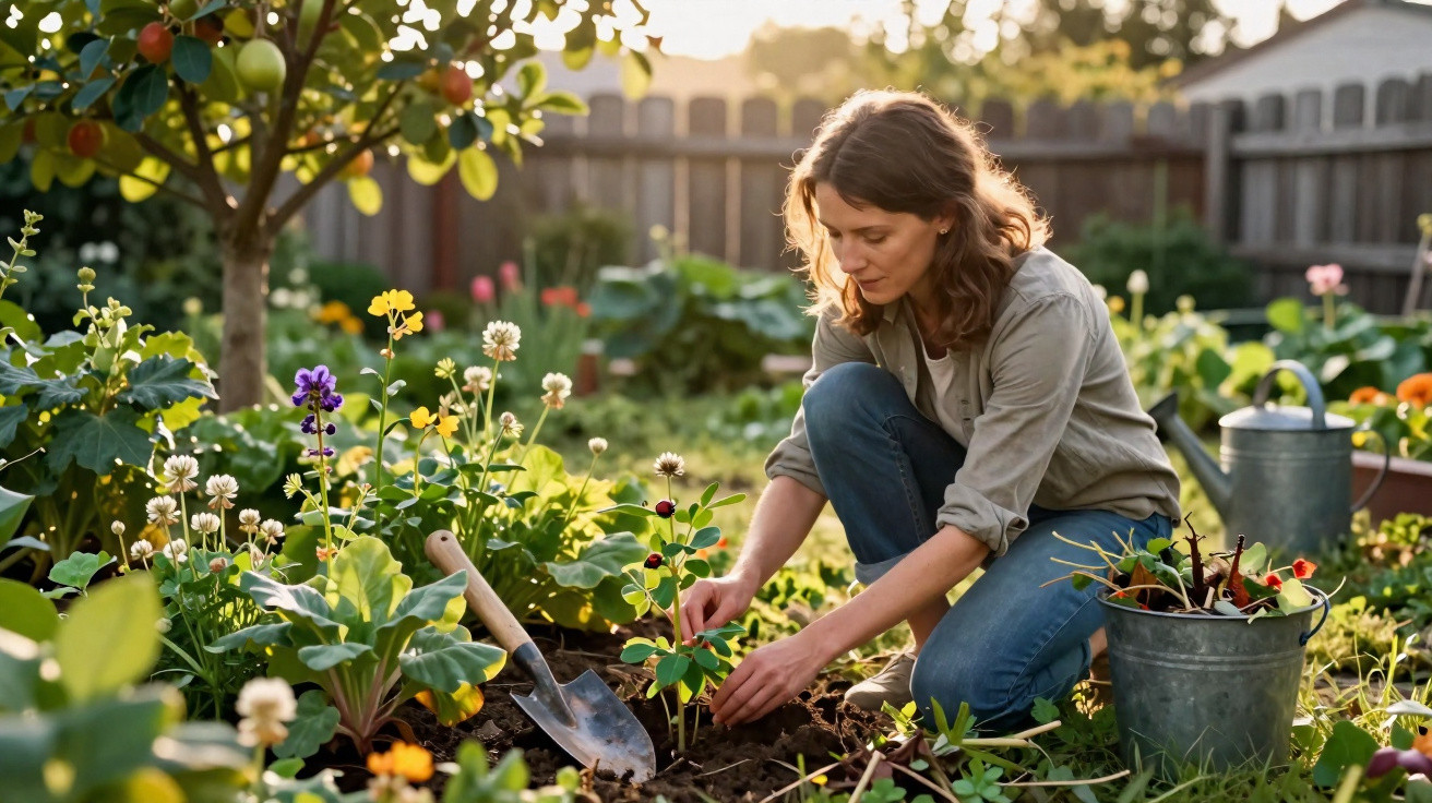 Mulher cuidando de plantas em jardim ao ar livre durante o dia com ferramentas de jardinagem ao lado.